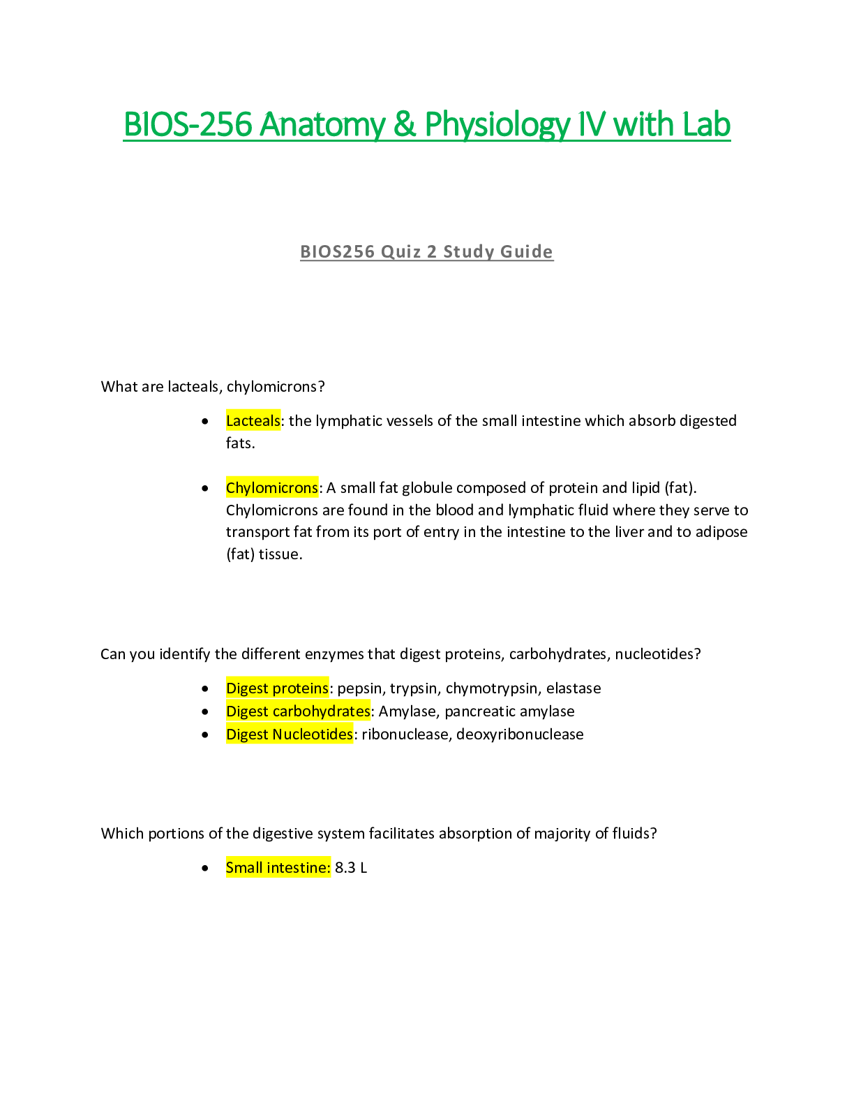 Preview of BIOS256 / BIOS 256 Quiz 2 Study Guide  : Anatomy & Physiology IV with Lab - Chamberlain